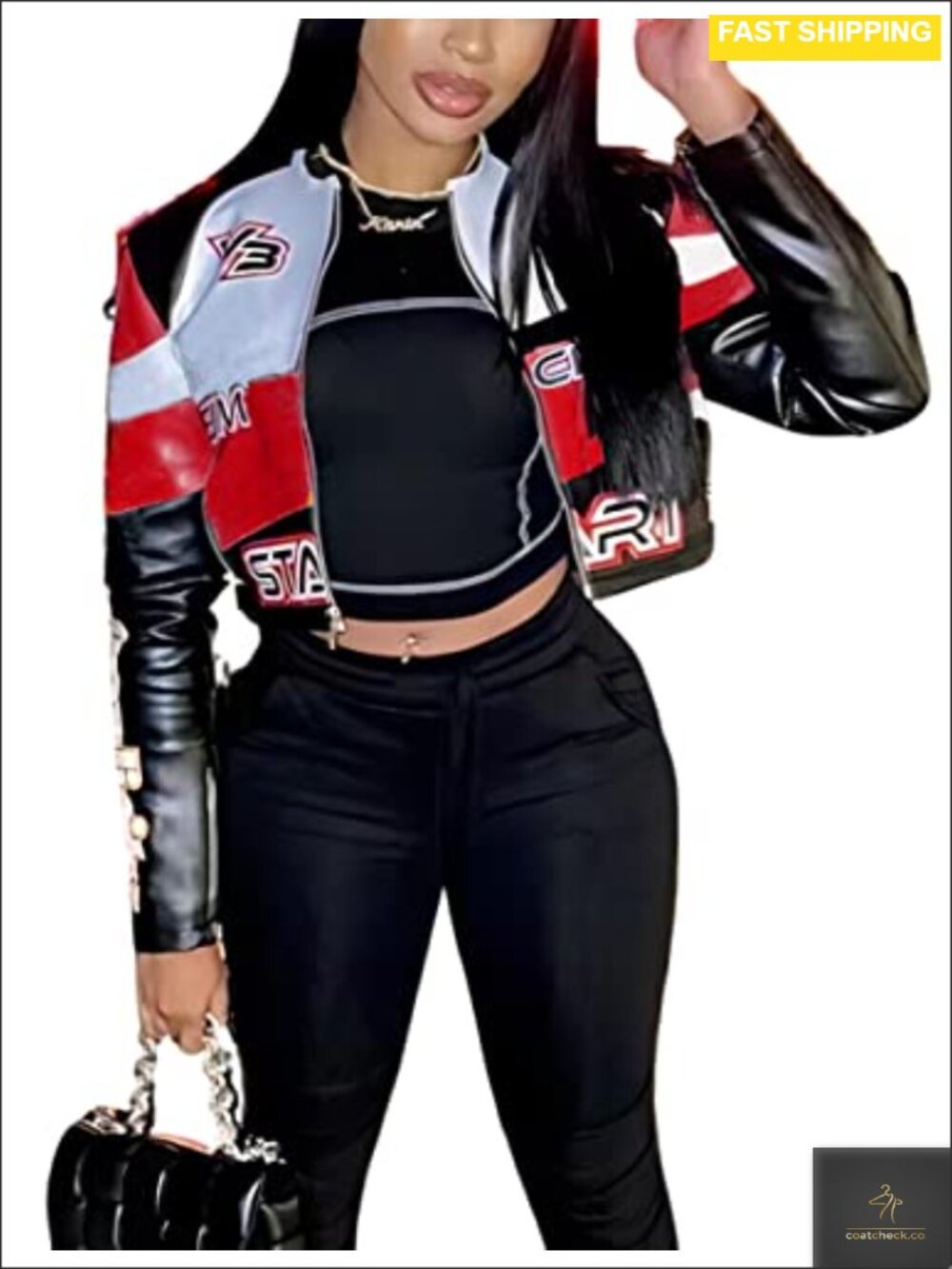 Faux Leather Jacket Women Cropped Moto Biker Zip Bomber Long Sleeve